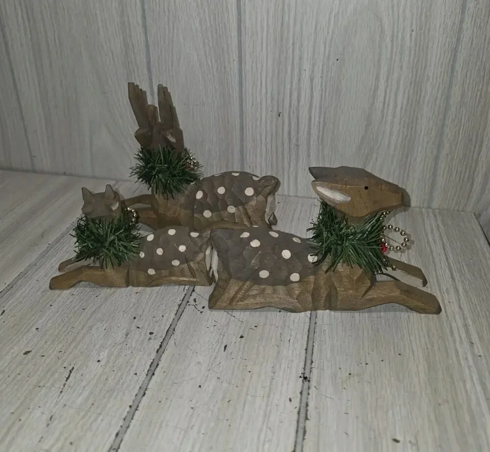 Wood Deer Family Buck Doe Fawn Wood Figures Christmas Decor Hand Carved Folk Art